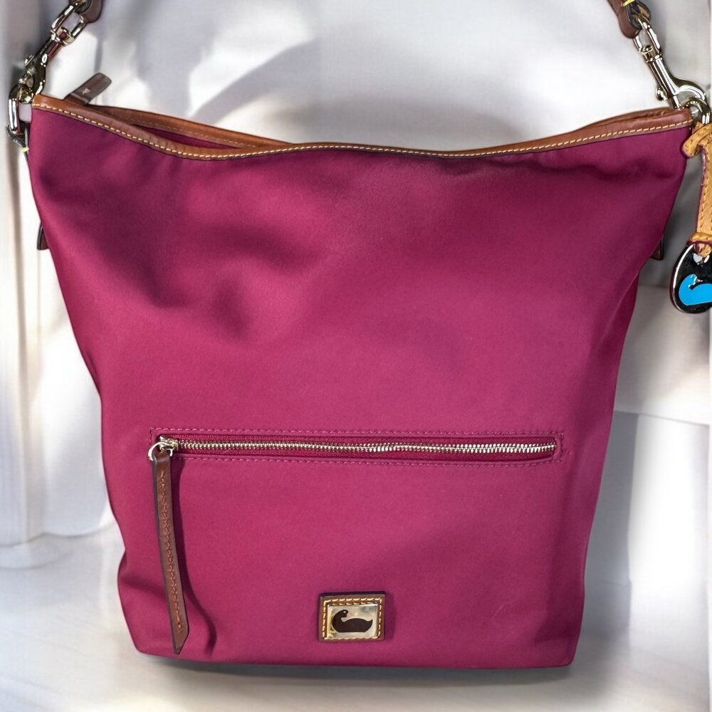 Dooney & Bourke Red and Pink Hobo Bag with Gold Accents